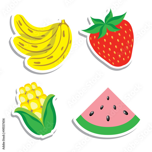 Illustration icon of fruits and sereal healthy corn, strawberry, watermelon and banana food. Ideal for nutritional and food education materials