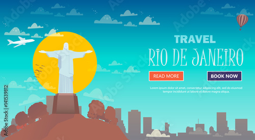 Travel in Rio de Janeiro, Brazil. Statue of Jesus Christ on the mountain. Flat design.