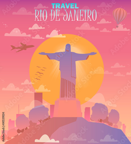 Travel in Rio de Janeiro, Brazil. Statue of Jesus Christ on the mountain. Flat design.