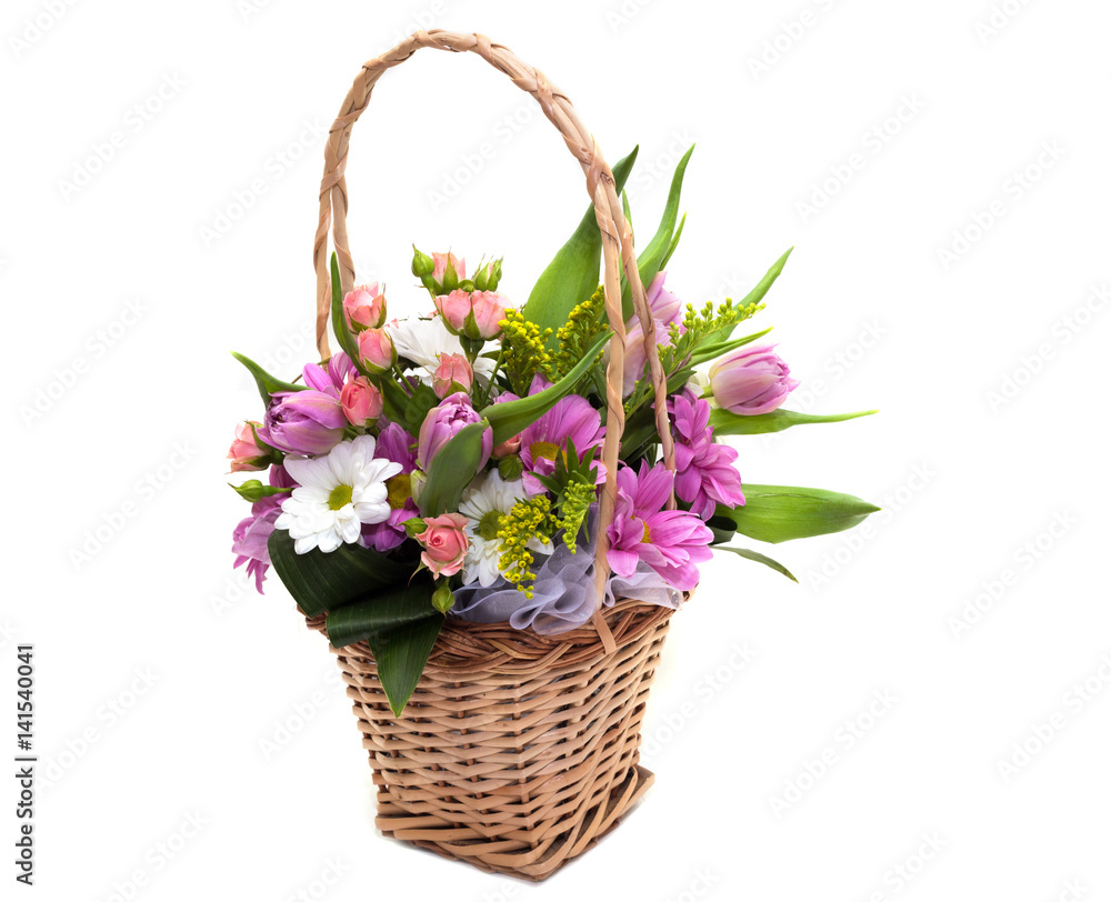 
Flower arrangement in a pot, basket, on a white background

