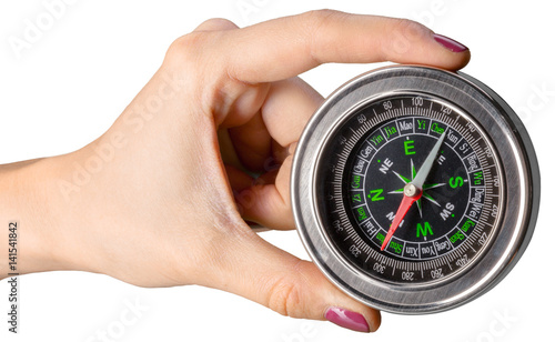 Compass in hand isolated on white background
