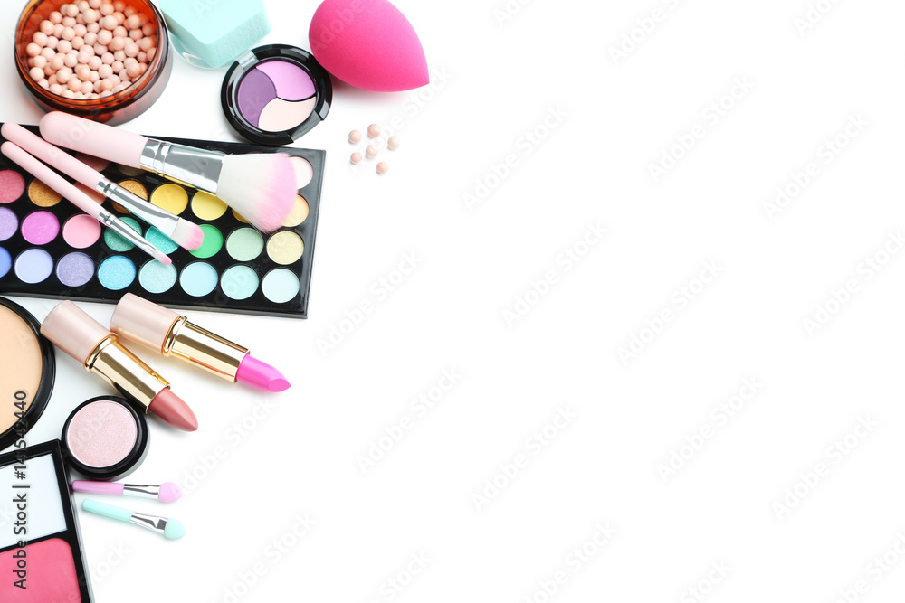 Different makeup cosmetics on white background Different makeup cosmetics on white background