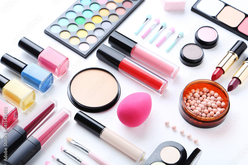 Different makeup cosmetics on a white background Different makeup cosmetics on a white background