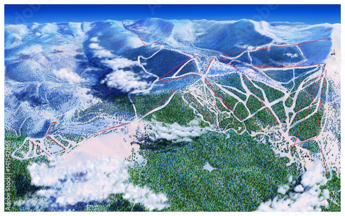 Ariel view of mountains, clouds and ski trails with a view far enough away to start showing the curve of the earth in the background mountains photo