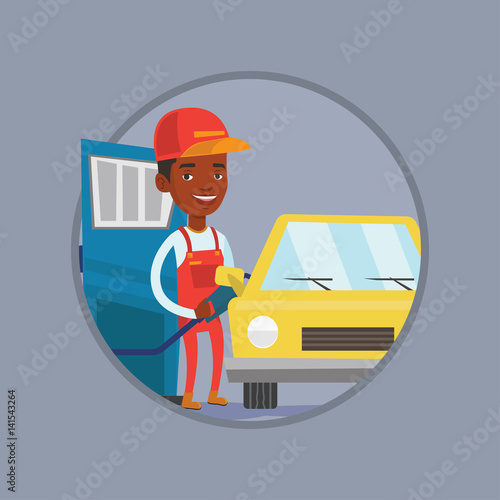 Worker of gas station filling up fuel into car.