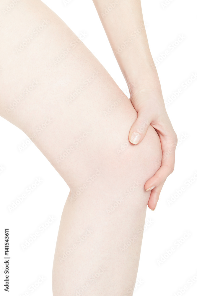 Young woman leg with knee pain on white, clipping path