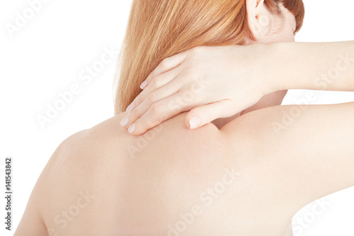 Young woman holding hand on painful neck isolated on white  clipping path