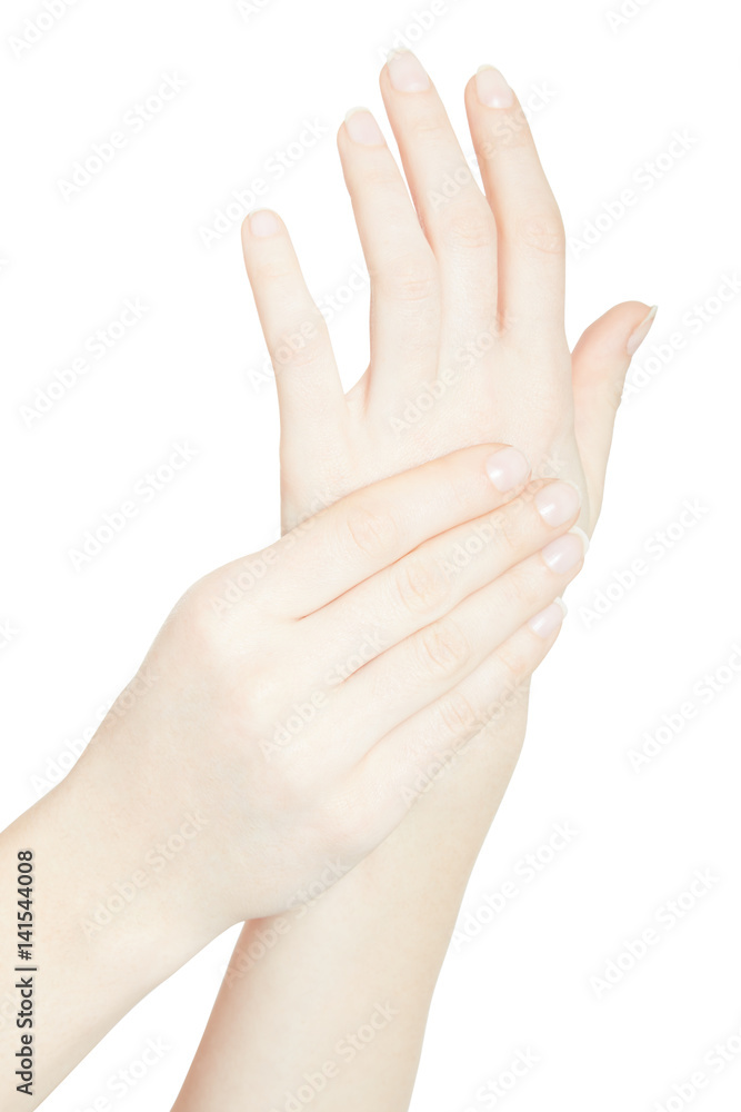 Woman hand with palm and back pain isolated on white, clipping path Woman hand with palm and back pain isolated on white, clipping path