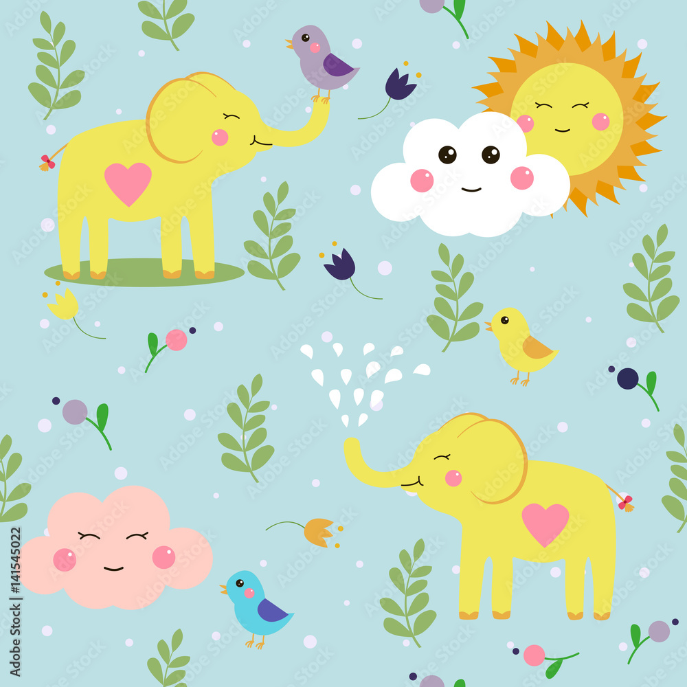 Obraz premium Funny childish elephants and birds. Cute seamless pattern for nice backgrounds.