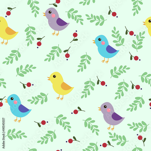 Seamless pattern with birds and flowers. Vector illustration.