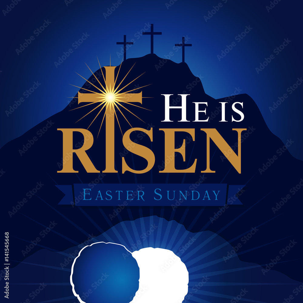 He is risen navy blue card. Easter christian motive,with text He is risen on on a background of rolled away from the tomb stone of Calvary - obrazy, fototapety, plakaty 