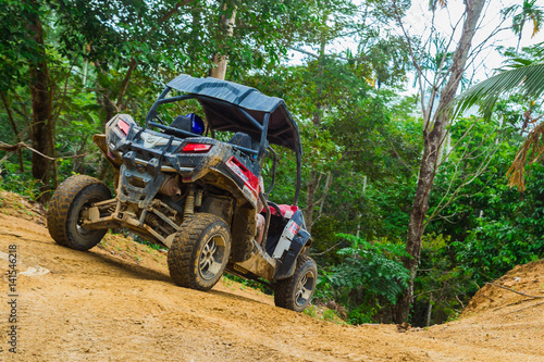 Extreme ride on ATV, buggies, jeeps. Journey through the jungle. Extreme quad biking, dune buggy, Jeep in the jungle, forest / ATV, UTV . in motion. toned image