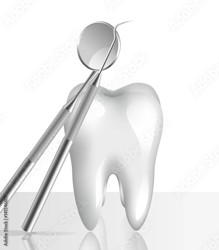 Dentistry background with 3d clean white tooth and dentistry instruments. Vector illustration