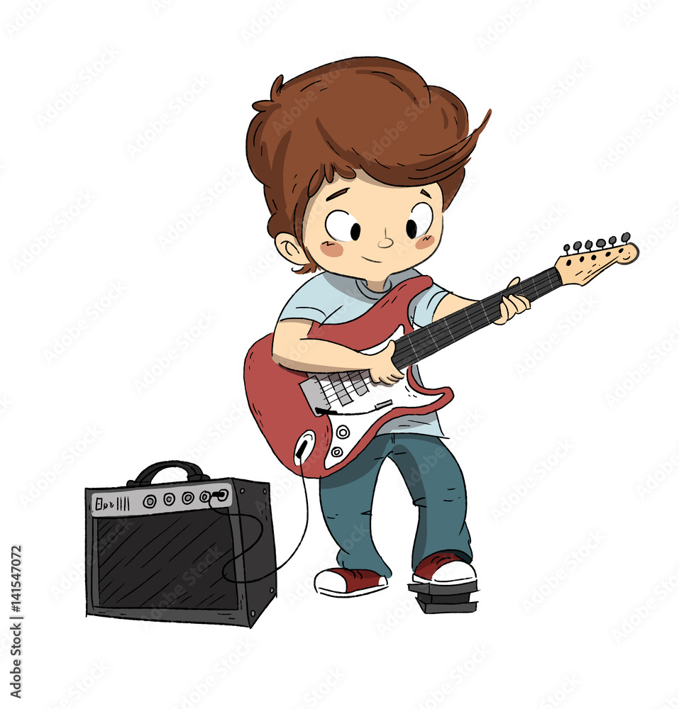 Niño tocando la guitarra. Curso de guitarra o musica Stock Illustration |  Adobe Stock