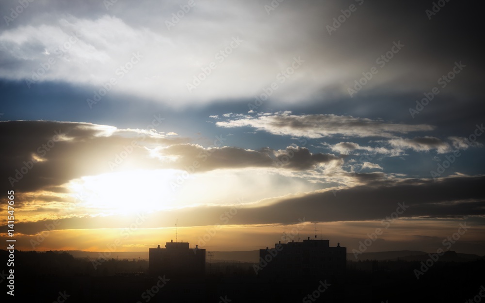 Beutiful sunset over old buildings