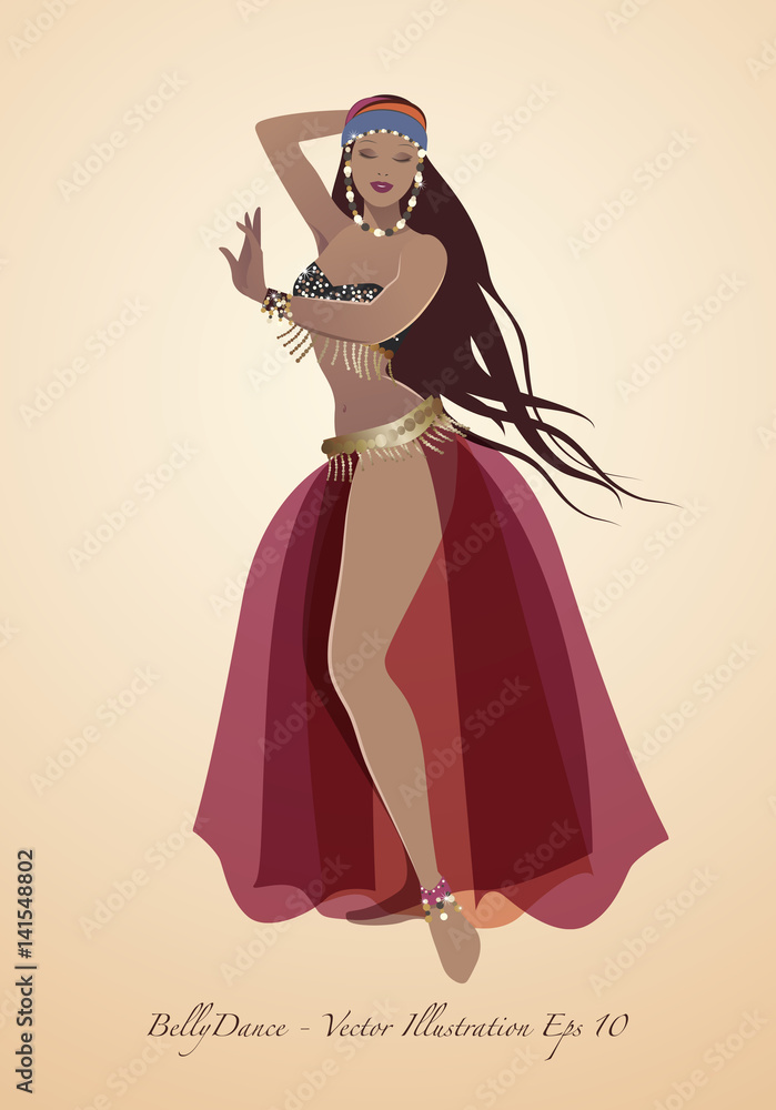 Beautiful belly dancer wearing exotic clothes. Vector illustration