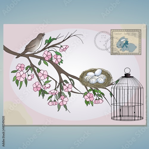 Card with Easter Rabbit mark, a bird on a blooming tree branch with flowers and leaves, a hatch with eggs and a cage, vintage aged postcard with ester bunny postmark, vector drawing, card print