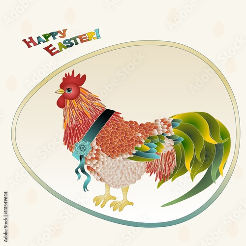 Easter Cock in egg frame wearing a blue prize ribbon, detailed vintage postcard with a happy easter multicolor text, spring event rooster chicken card illustration or dishes gradient print clip art