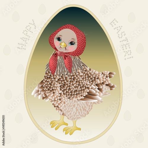 Happy Easter Hen in egg frame wearing a retro red hood, detailed vintage postcard with a happy ester star text,spring event chicken card illustration or dishes gradient print with polka dot background