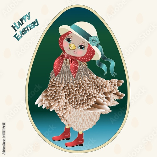 Happy Easter Hen in egg frame wearing a retro straw hat with ribbons and boots shoes, detailed vintage postcard with a happy ester text, spring event chicken card illustration or dishes gradient print
