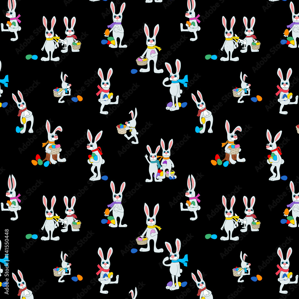 Bunny rabbits easter egg hunt preparation, a load of cute hares laying eggs on a black background, looking at the viewer like they are busted doing smth secret, seamless pattern, background texture