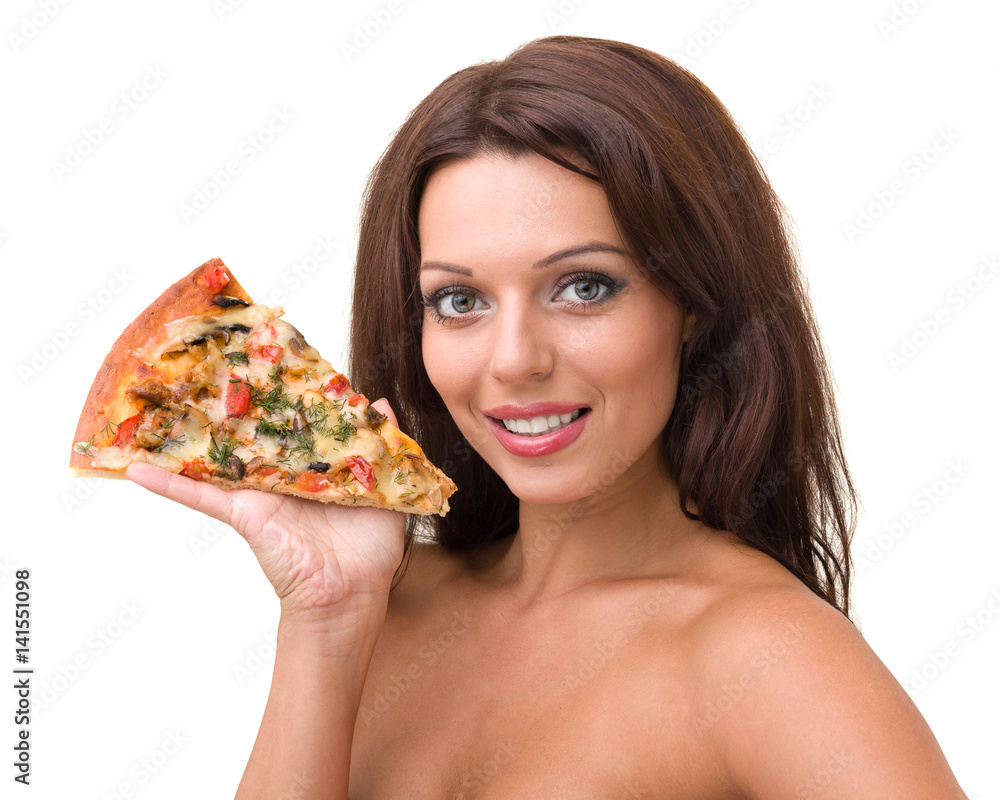 Smiling woman with big pizza isolated on a white