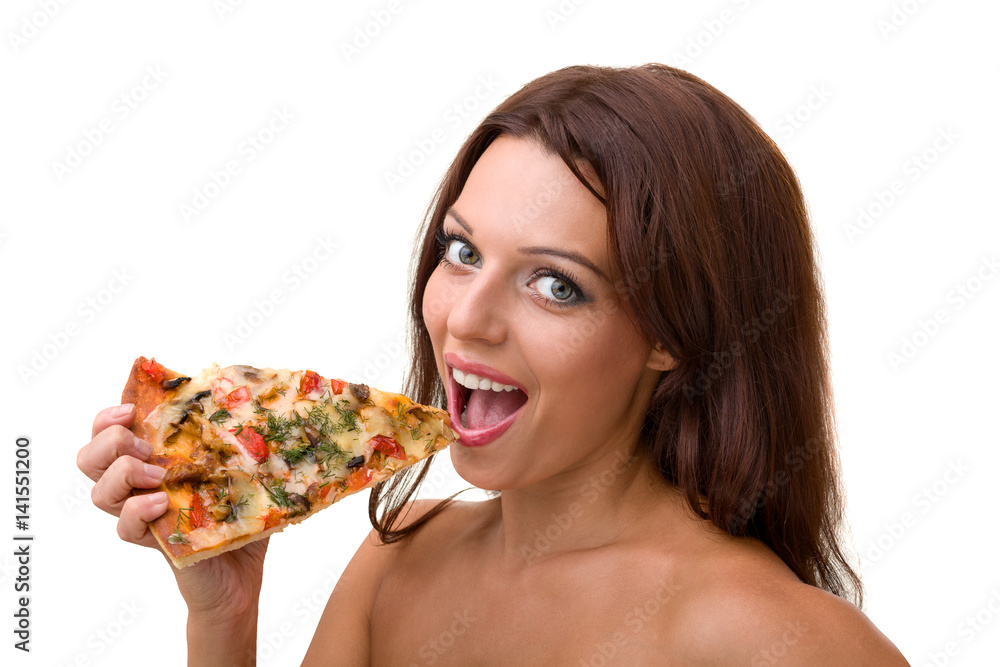 Smiling woman with big pizza isolated on a white Smiling woman with big pizza isolated on a white