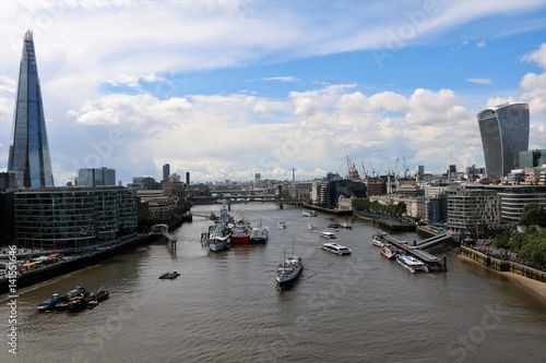 View from Tower Bridge to River Thames and the Shard in London, UK