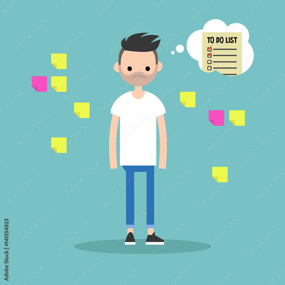 Young worried bearded man surrounded by post-it notes thinking about his to-do list / flat editable vector illustration, clip art Young worried bearded man surrounded by post-it notes thinking about his to-do list / flat editable vector illustration, clip art