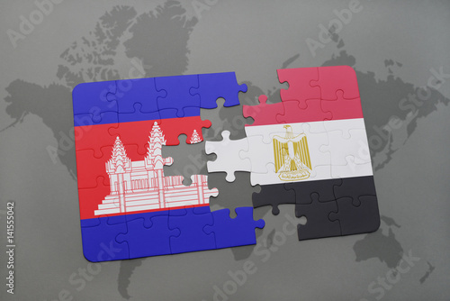 puzzle with the national flag of cambodia and egypt on a world map