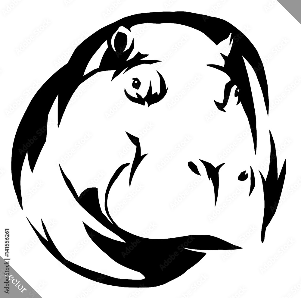 black and white linear paint draw Hippo vector illustration