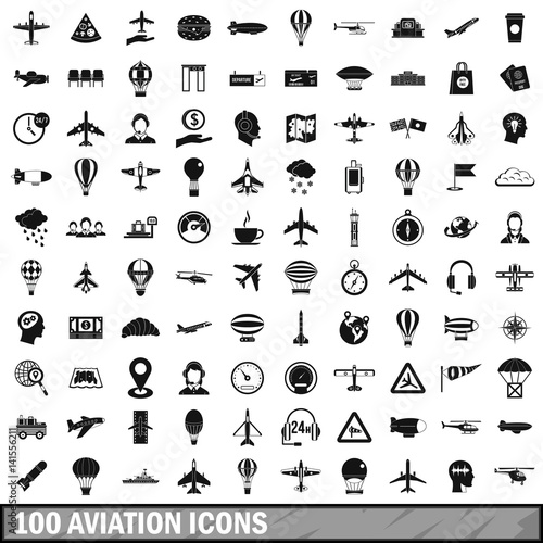 100 aviation icons set, simple style 