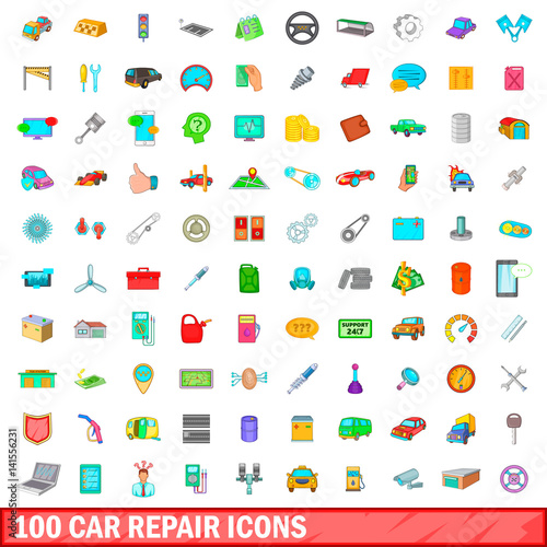 100 car repair icons set, cartoon style