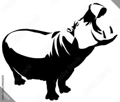 black and white linear paint draw Hippo vector illustration