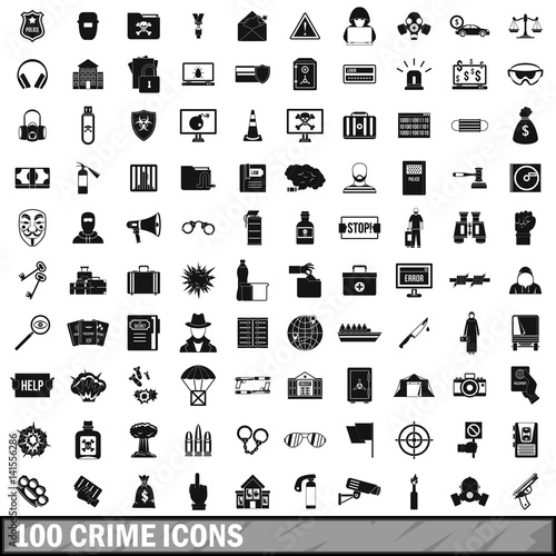 100 crime icons set, simple style 