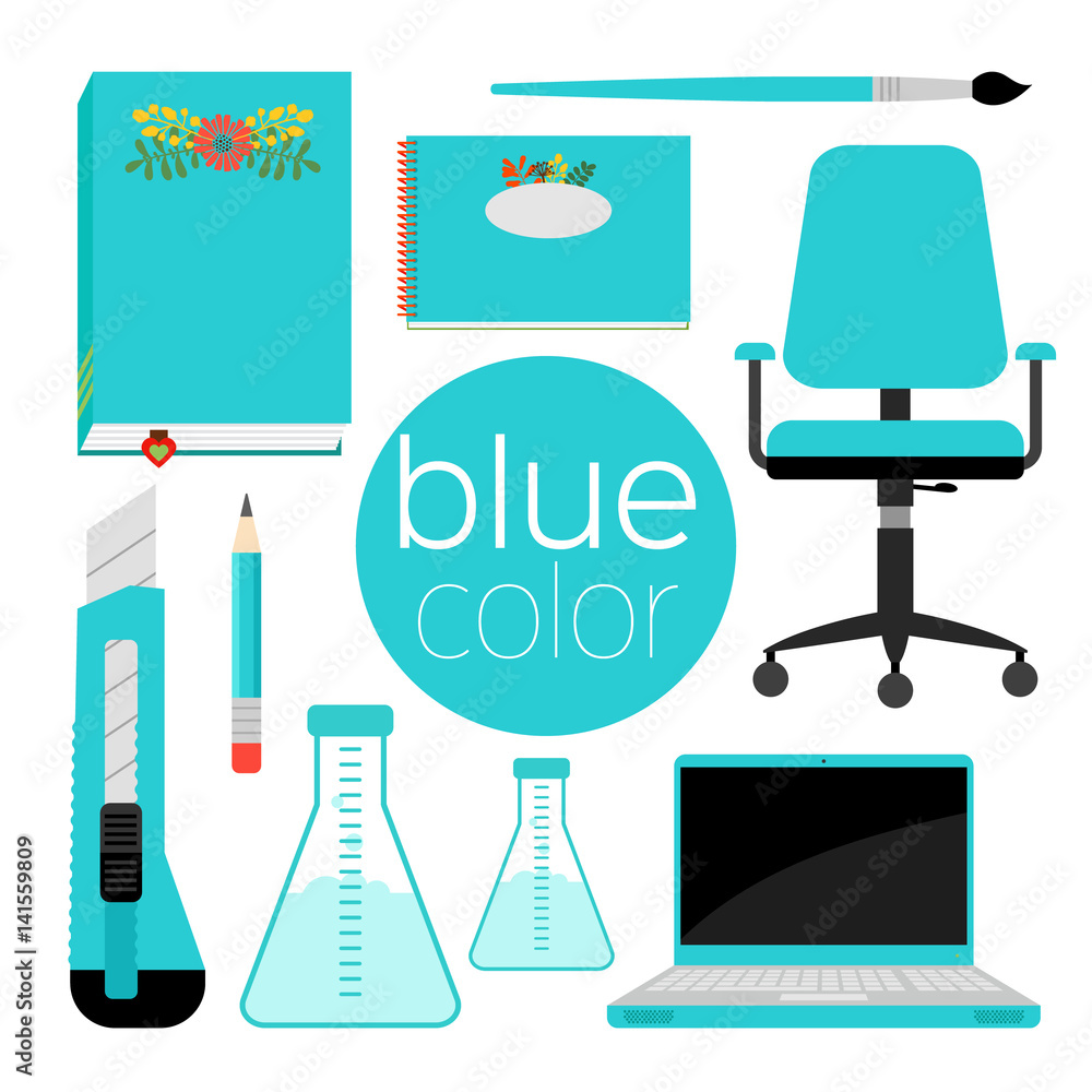 Set of blue color items: towel, brush, chair, paper cutter, chemical flasks, pencil, laptop Set of blue color items: towel, brush, chair, paper cutter, chemical flasks, pencil, laptop