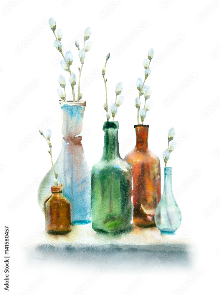 Naklejka premium Watercolor painting. Spring still life. Colorful bottles and twigs with buds on white background.