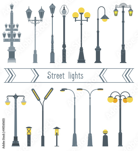 Set of street lanterns in different shapes. The style flat. photo