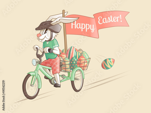 Rabbit-driver of Easter eggs. Vector illustration.