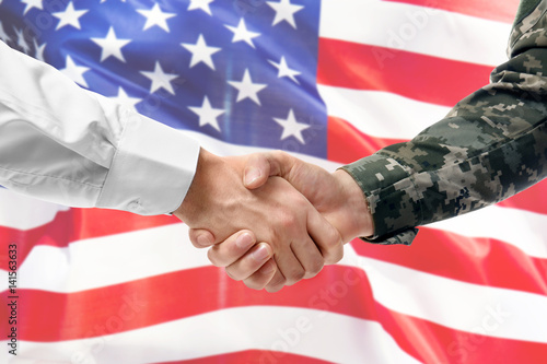 Soldier and civilian shaking hands on white background, closeup