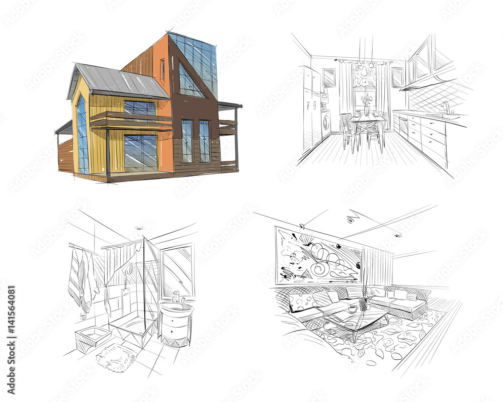 Hand drawn cottage house sketch design. Sketch interior bathroom, living room. Vector illustration