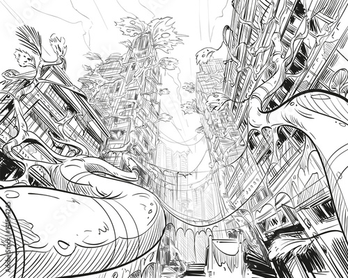Postapocalyptic fantastic city. Concept art illustration. Sketch gaming design. Fantastic vehicles, trees, people. Hand drawn vector painting. 