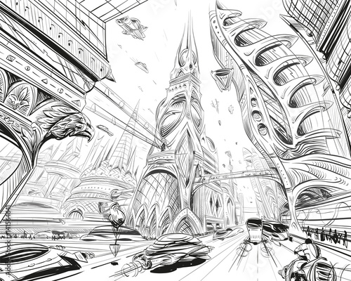 Fantastic city of the future. Concept art illustration. Sketch gaming design. Hand drawn vector painting. 