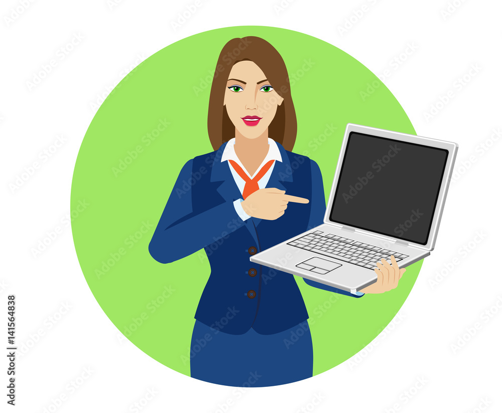 Businesswoman pointing at a laptop notebook Businesswoman pointing at a laptop notebook