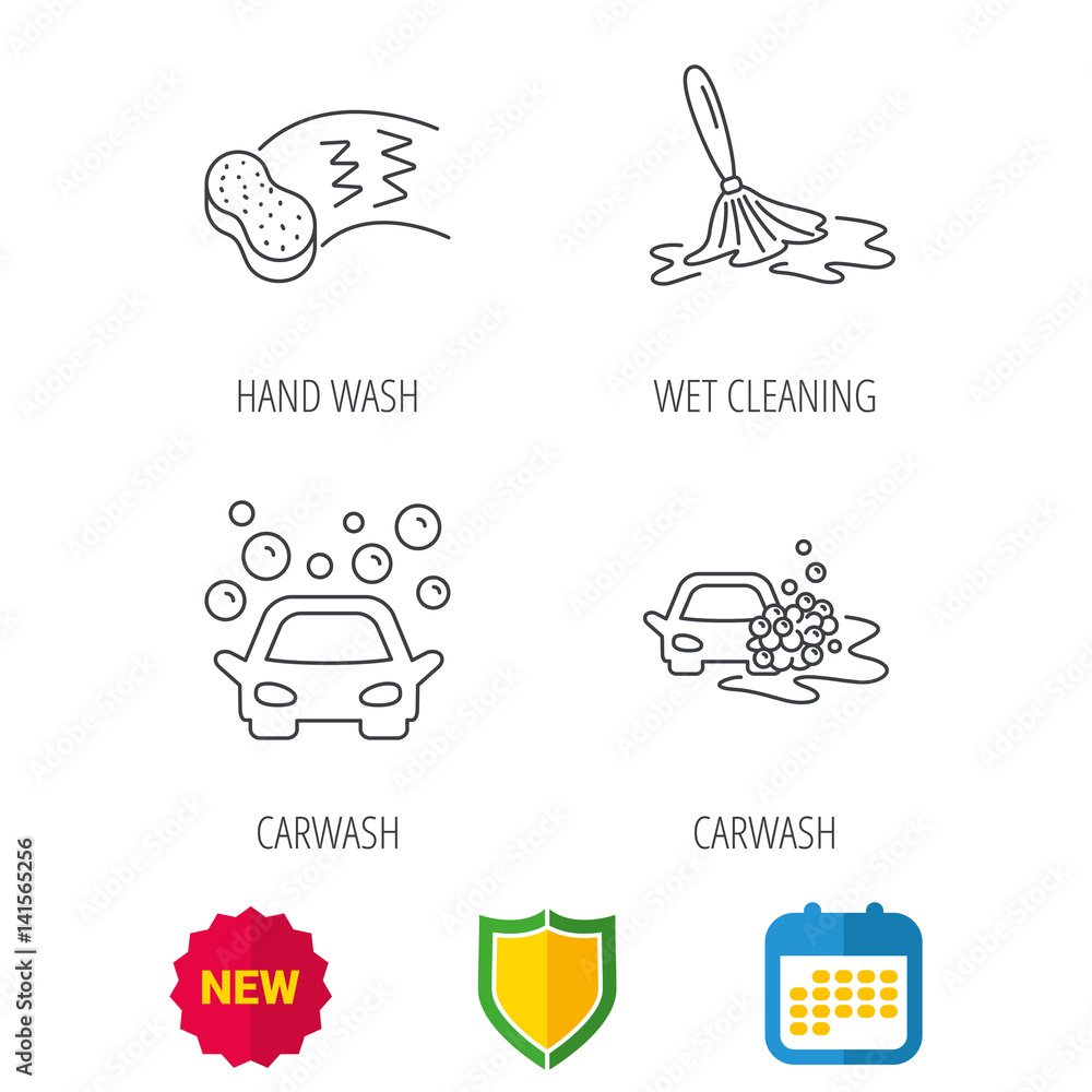 Car wash icons. Automatic cleaning station linear signs. Hand wash, sponge flat line icons. Shield protection, calendar and new tag web icons. Vector