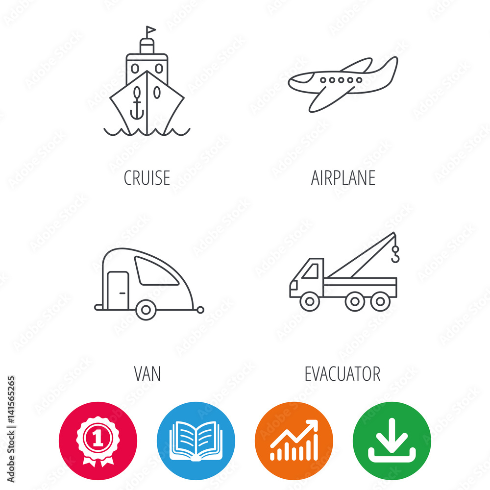 Transportation icons. Cruise, airplane and van linear signs. Evacuator flat line icon. Award medal, growth chart and opened book web icons. Download arrow. Vector Transportation icons. Cruise, airplane and van linear signs. Evacuator flat line icon. Award medal, growth chart and opened book web icons. Download arrow. Vector