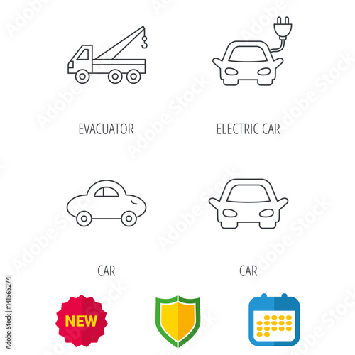 Electric car, evacuator and transport icons. Car linear signs. Shield protection, calendar and new tag web icons. Vector