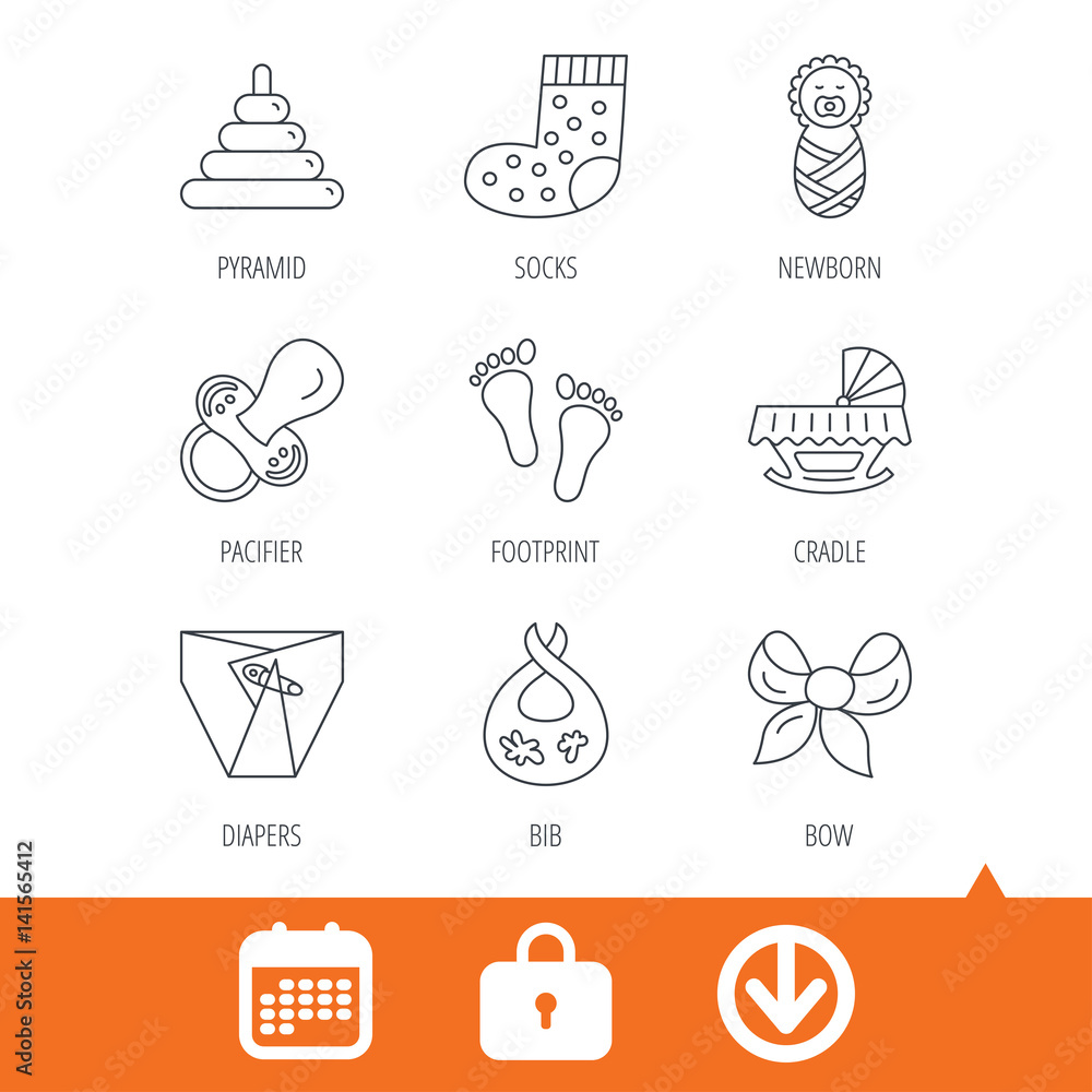 Pacifier, diapers and newborn icons. Footprint, socks and dirty bib linear signs. Pyramid toy, cradle bed flat line icons. Download arrow, locker and calendar web icons. Vector
