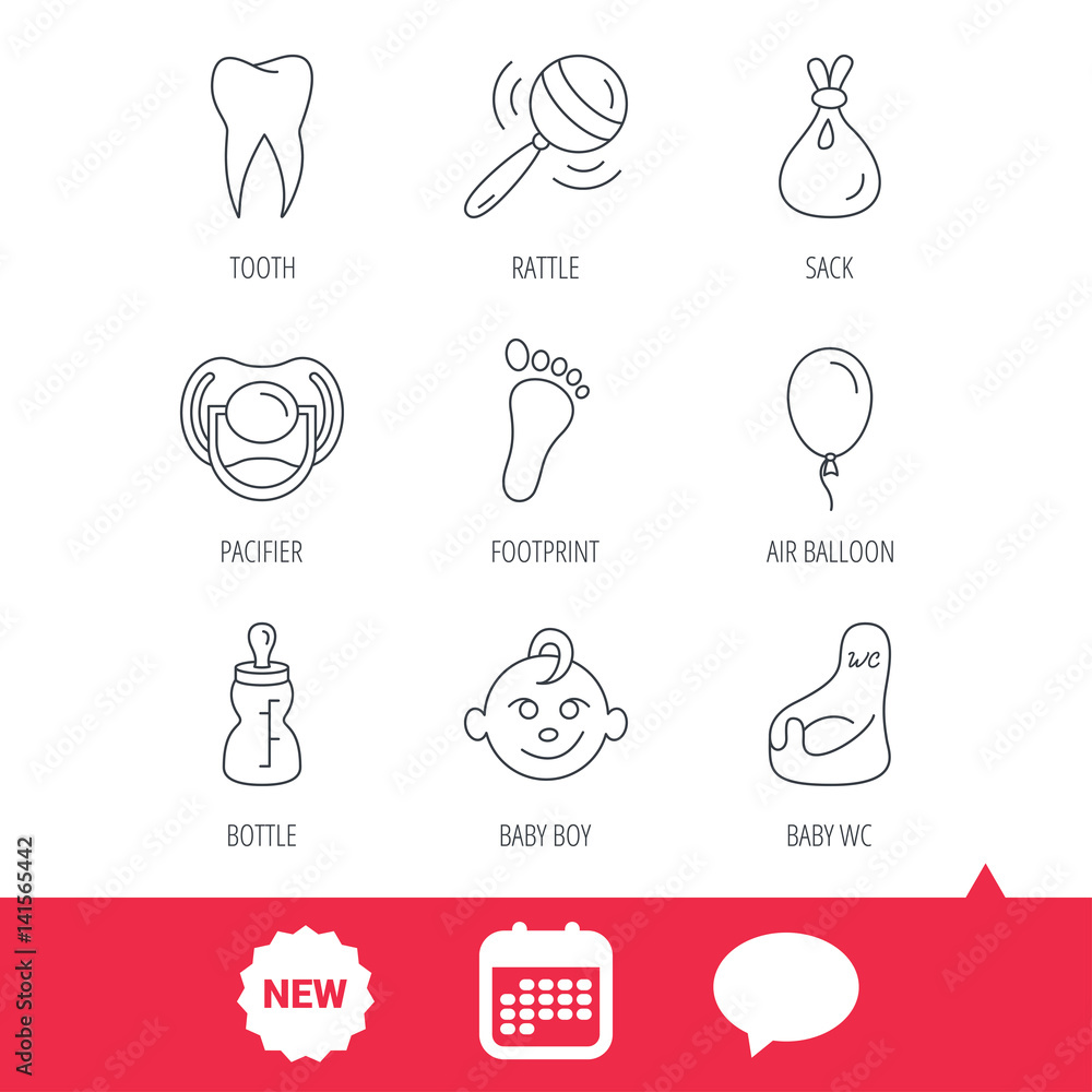 Pacifier, baby boy and bottle icons. Tooth, footprint and wc toilet linear signs. Rattle, air balloon and sack flat line icons. New tag, speech bubble and calendar web icons. Vector Pacifier, baby boy and bottle icons. Tooth, footprint and wc toilet linear signs. Rattle, air balloon and sack flat line icons. New tag, speech bubble and calendar web icons. Vector