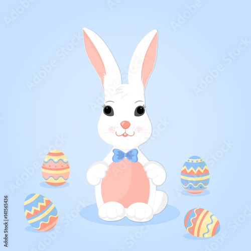 Easter Bunny with pink ears in a blue bow and paschal eggs.